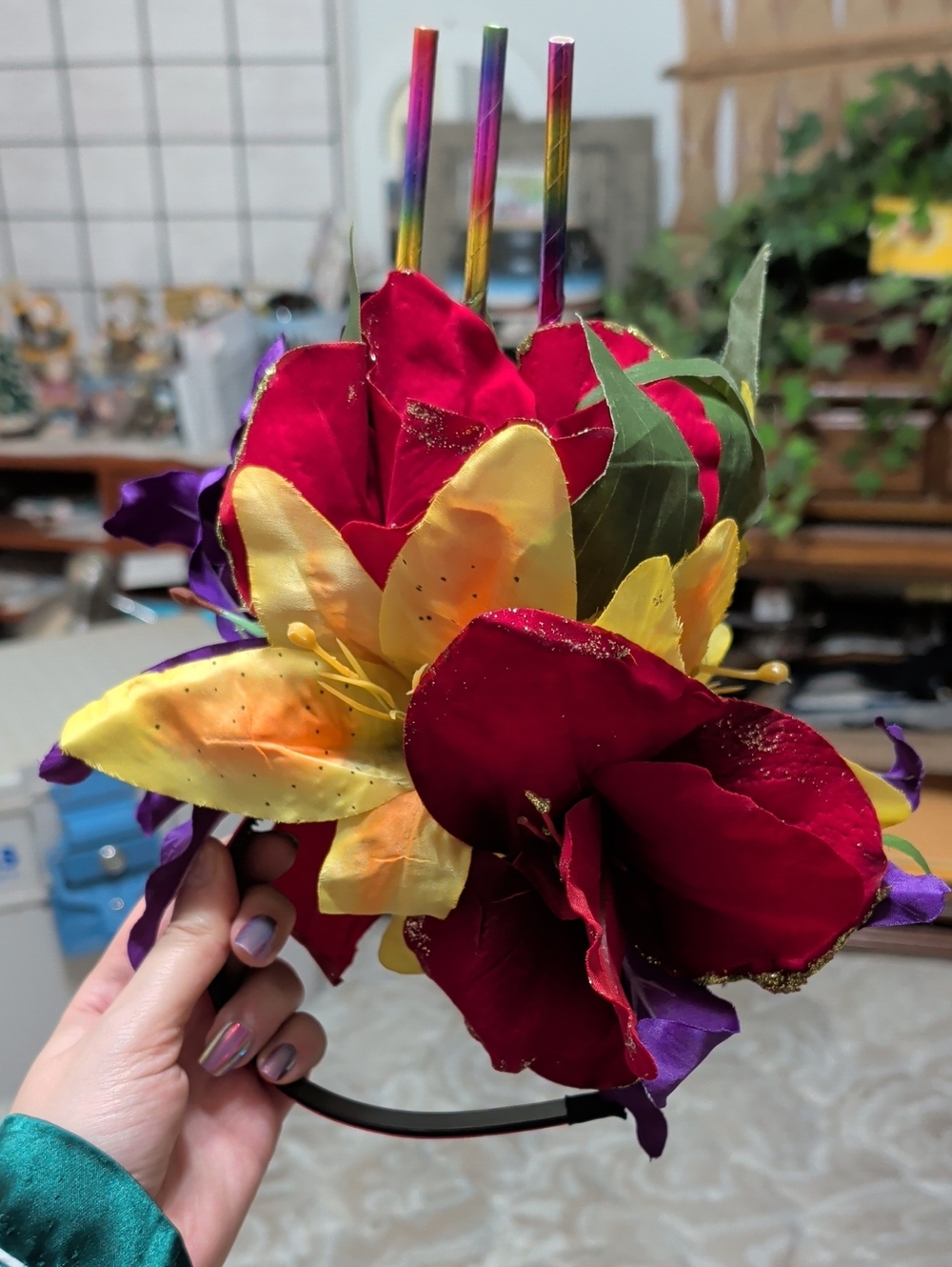 Festive Multicolor Faux Floral Headband with Red, Yellow & Purple Blooms